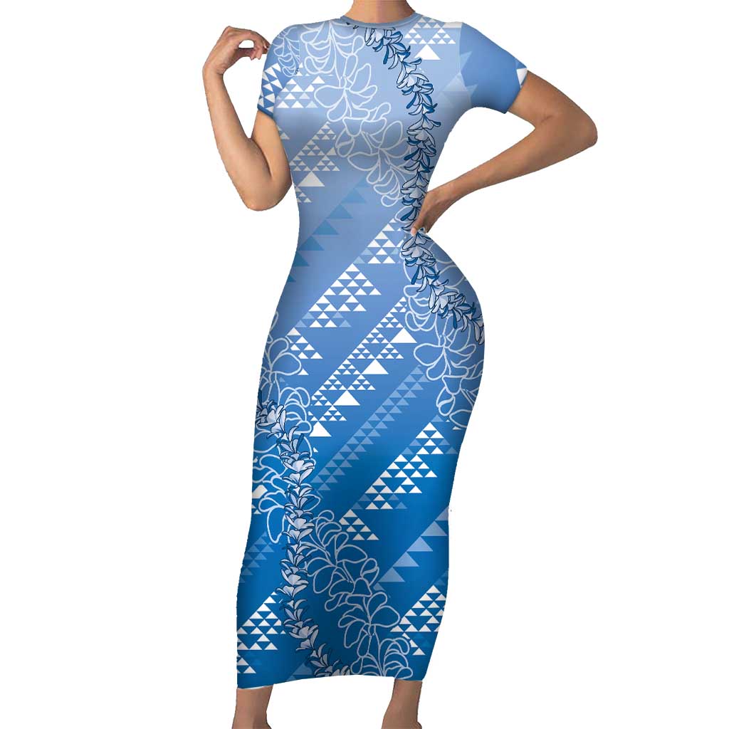 Hawaii Royal Blue Kapa Family Matching Short Sleeve Bodycon Dress and Hawaiian Shirt Vintage 'Ohe Kāpala Motifs Mix Plumeria Leis LT7 Mom's Dress Royal Blue - Polynesian Pride