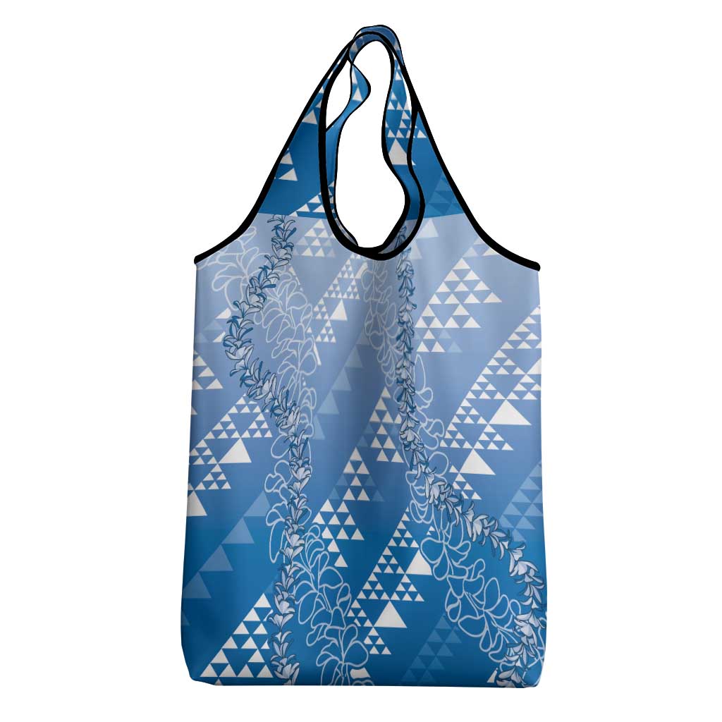 Hawaii Royal Blue Kapa Grocery Bag Vintage 'Ohe Kāpala Motifs Mix Plumeria Leis