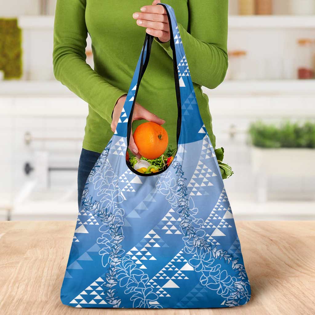 Hawaii Royal Blue Kapa Grocery Bag Vintage 'Ohe Kāpala Motifs Mix Plumeria Leis