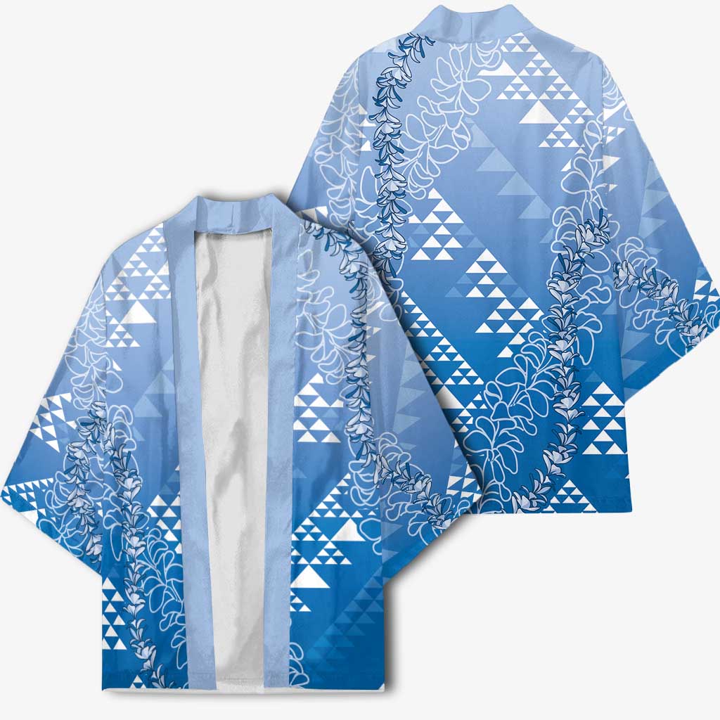 Hawaii Royal Blue Kapa Kimono Vintage 'Ohe Kāpala Motifs Mix Plumeria Leis