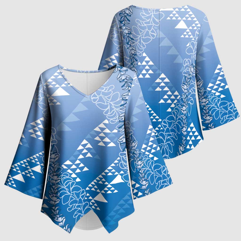 Hawaii Royal Blue Kapa Kimono Sleeve Blouse Vintage 'Ohe Kāpala Motifs Mix Plumeria Leis
