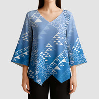 Hawaii Royal Blue Kapa Kimono Sleeve Blouse Vintage 'Ohe Kāpala Motifs Mix Plumeria Leis