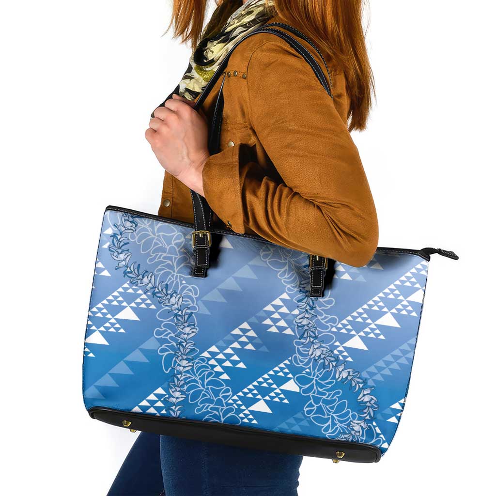 Hawaii Royal Blue Kapa Leather Tote Bag Vintage 'Ohe Kāpala Motifs Mix Plumeria Leis