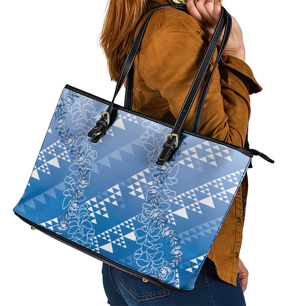 Hawaii Royal Blue Kapa Leather Tote Bag Vintage 'Ohe Kāpala Motifs Mix Plumeria Leis