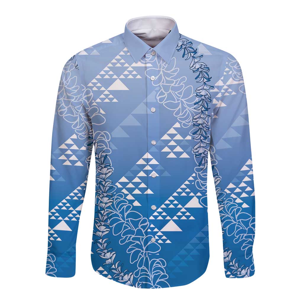 Hawaii Royal Blue Kapa Long Sleeve Button Shirt Vintage 'Ohe Kāpala Motifs Mix Plumeria Leis