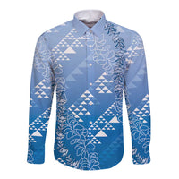 Hawaii Royal Blue Kapa Long Sleeve Button Shirt Vintage 'Ohe Kāpala Motifs Mix Plumeria Leis