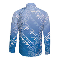 Hawaii Royal Blue Kapa Long Sleeve Button Shirt Vintage 'Ohe Kāpala Motifs Mix Plumeria Leis