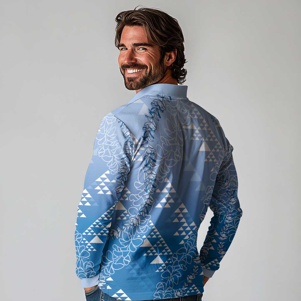 Hawaii Royal Blue Kapa Long Sleeve Polo Shirt Vintage 'Ohe Kāpala Motifs Mix Plumeria Leis