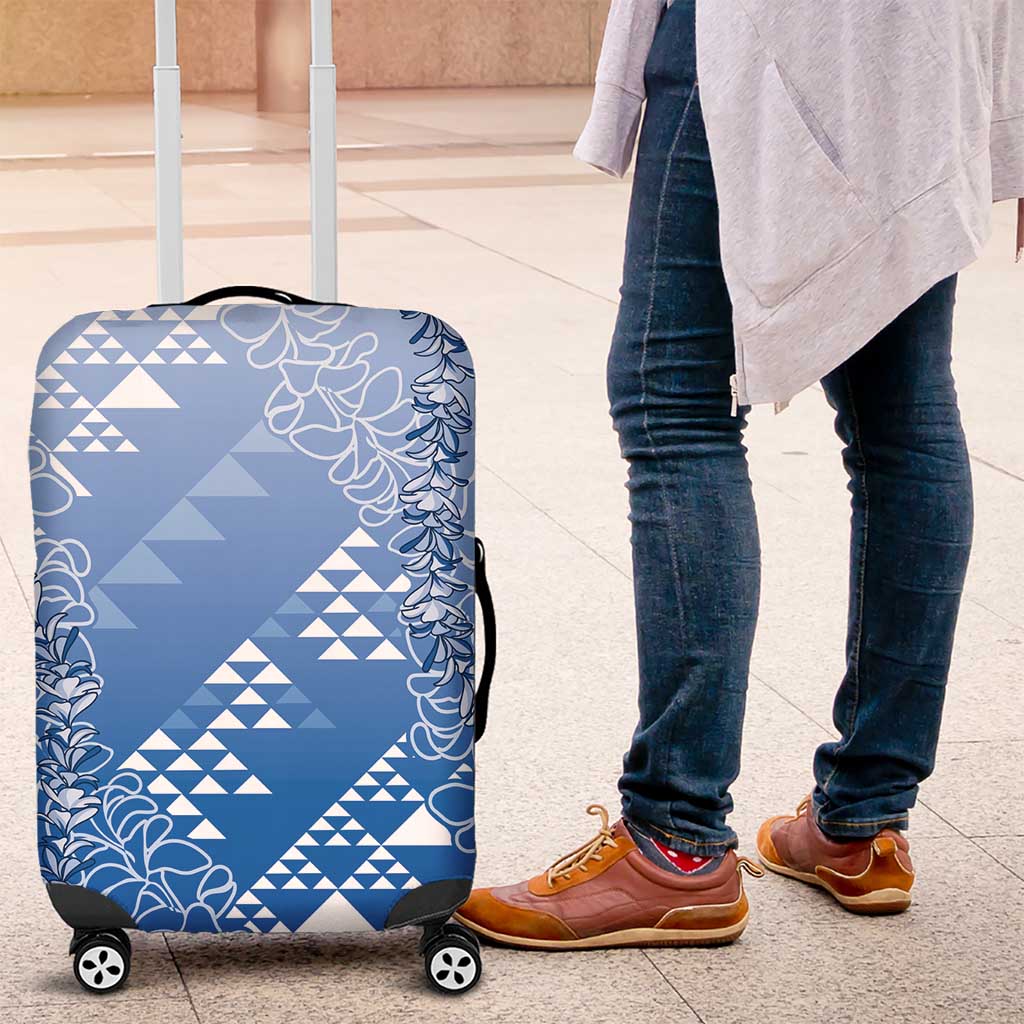 Hawaii Royal Blue Kapa Luggage Cover Vintage 'Ohe Kāpala Motifs Mix Plumeria Leis