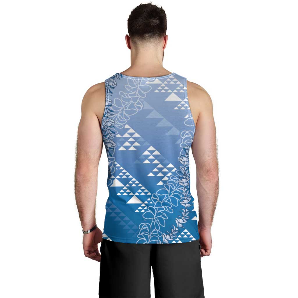 Hawaii Royal Blue Kapa Men Tank Top Vintage 'Ohe Kāpala Motifs Mix Plumeria Leis
