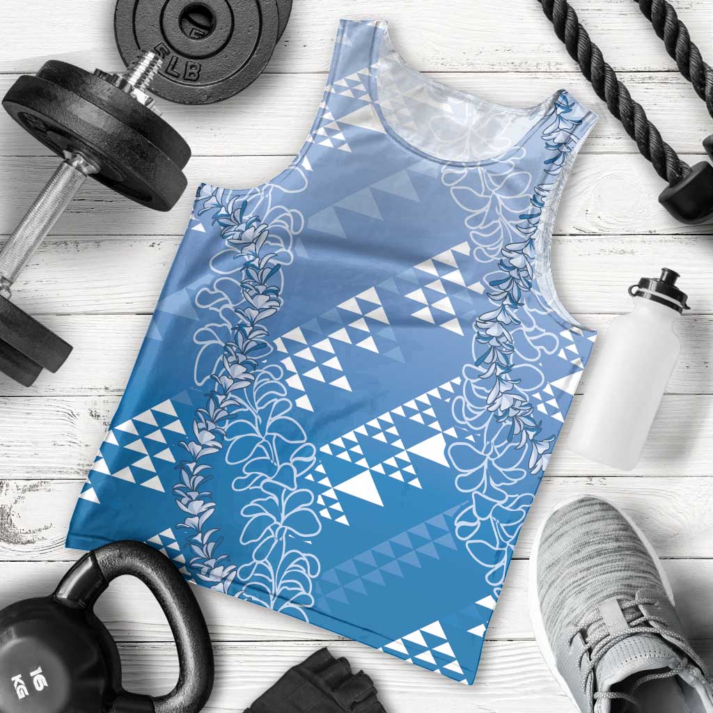 Hawaii Royal Blue Kapa Men Tank Top Vintage 'Ohe Kāpala Motifs Mix Plumeria Leis