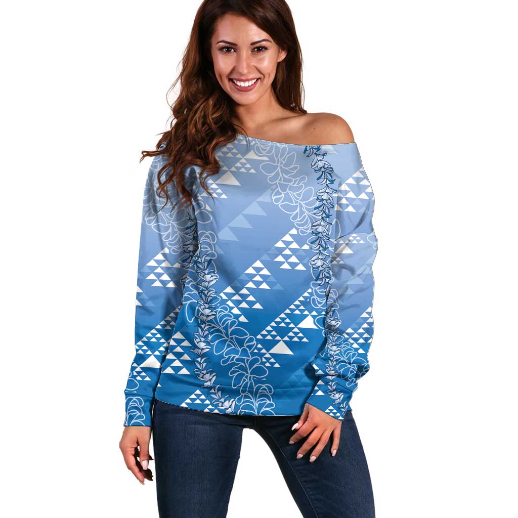 Hawaii Royal Blue Kapa Off Shoulder Sweater Vintage 'Ohe Kāpala Motifs Mix Plumeria Leis