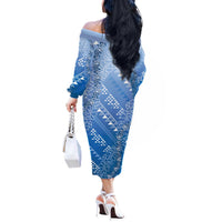 Hawaii Royal Blue Kapa Off The Shoulder Long Sleeve Dress Vintage 'Ohe Kāpala Motifs Mix Plumeria Leis LT7 - Polynesian Pride