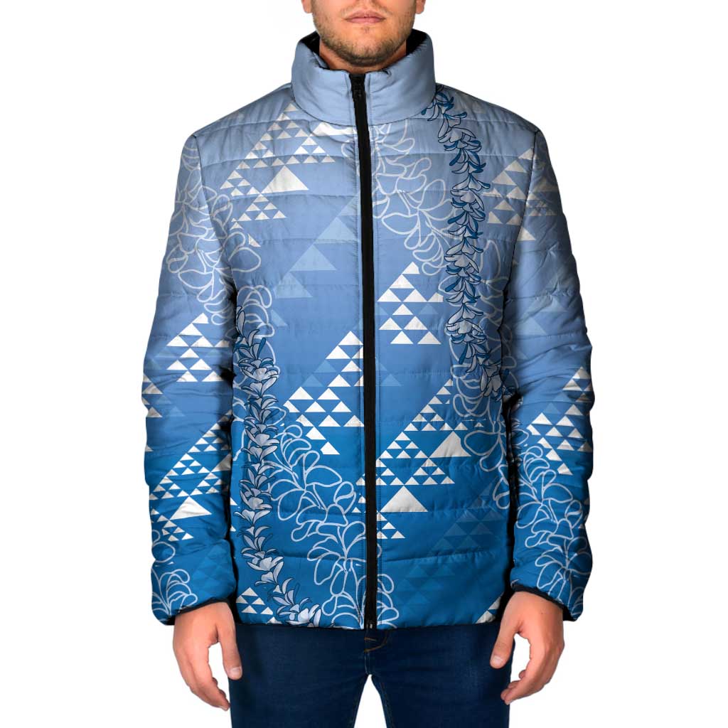 Hawaii Royal Blue Kapa Padded Jacket Vintage 'Ohe Kāpala Motifs Mix Plumeria Leis