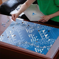 Hawaii Royal Blue Kapa Puzzle Vintage 'Ohe Kāpala Motifs Mix Plumeria Leis