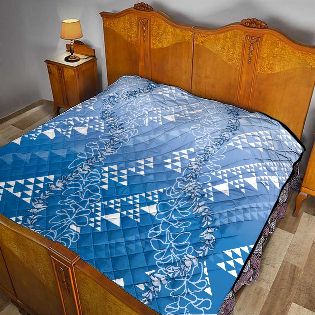 Hawaii Royal Blue Kapa Quilt Vintage 'Ohe Kāpala Motifs Mix Plumeria Leis