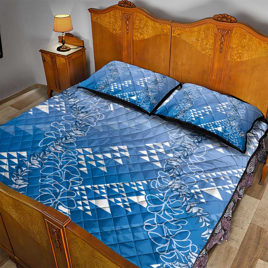 Hawaii Royal Blue Kapa Quilt Bed Set Vintage 'Ohe Kāpala Motifs Mix Plumeria Leis