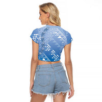 Hawaii Royal Blue Kapa Raglan Cropped T Shirt Vintage 'Ohe Kāpala Motifs Mix Plumeria Leis
