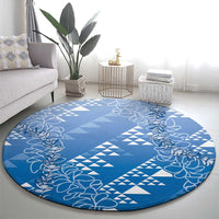 Hawaii Royal Blue Kapa Round Carpet Vintage 'Ohe Kāpala Motifs Mix Plumeria Leis