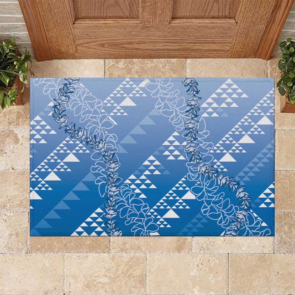 Hawaii Royal Blue Kapa Rubber Doormat Vintage 'Ohe Kāpala Motifs Mix Plumeria Leis