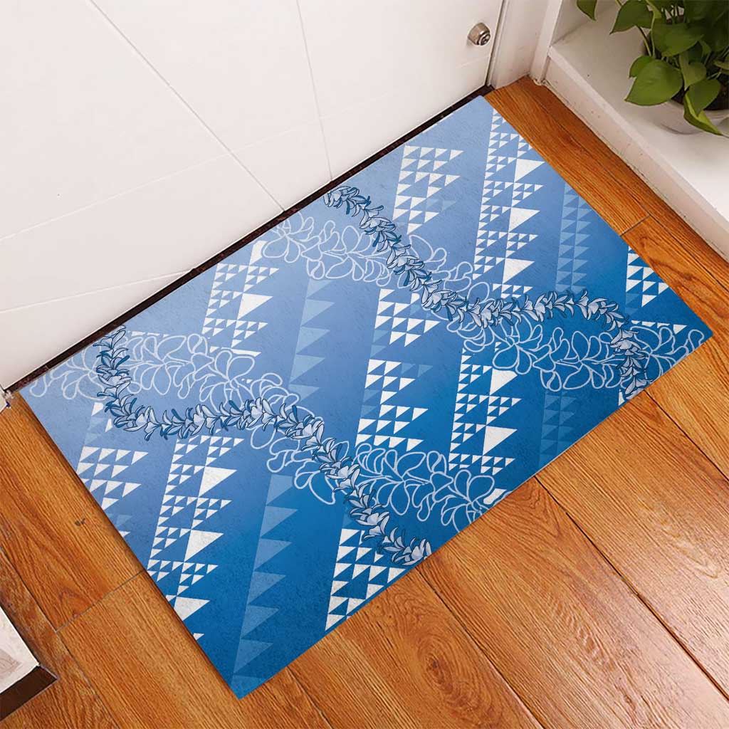 Hawaii Royal Blue Kapa Rubber Doormat Vintage 'Ohe Kāpala Motifs Mix Plumeria Leis