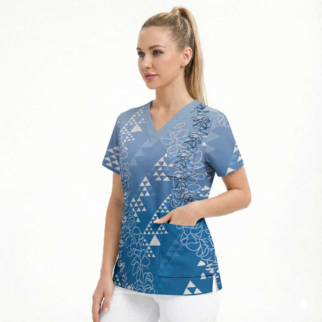 Hawaii Royal Blue Kapa Scrub Top Vintage 'Ohe Kāpala Motifs Mix Plumeria Leis