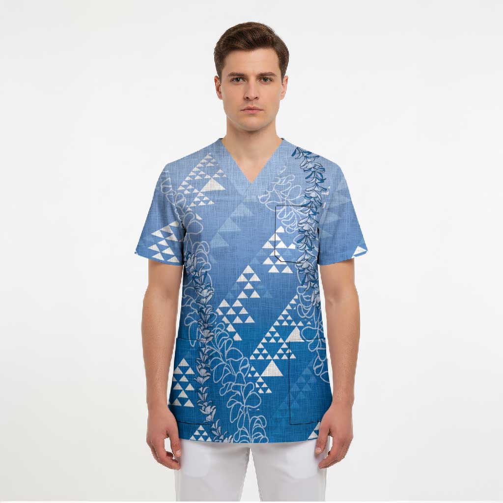 Hawaii Royal Blue Kapa Scrub Top Vintage 'Ohe Kāpala Motifs Mix Plumeria Leis