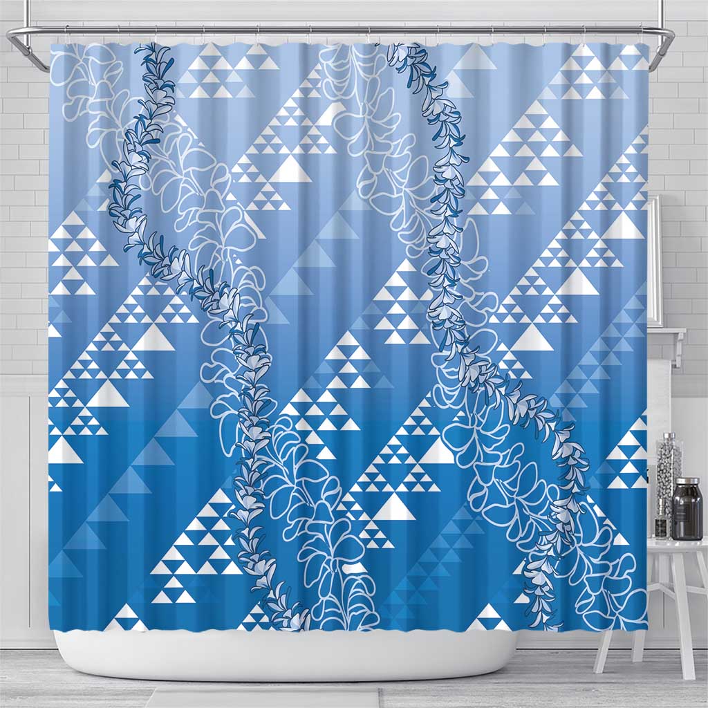 Hawaii Royal Blue Kapa Shower Curtain Vintage 'Ohe Kāpala Motifs Mix Plumeria Leis