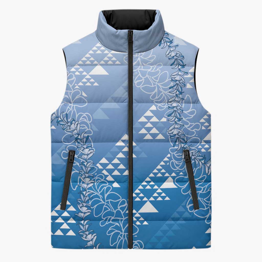 Hawaii Royal Blue Kapa Sleeveless Puffer Jacket Vintage 'Ohe Kāpala Motifs Mix Plumeria Leis