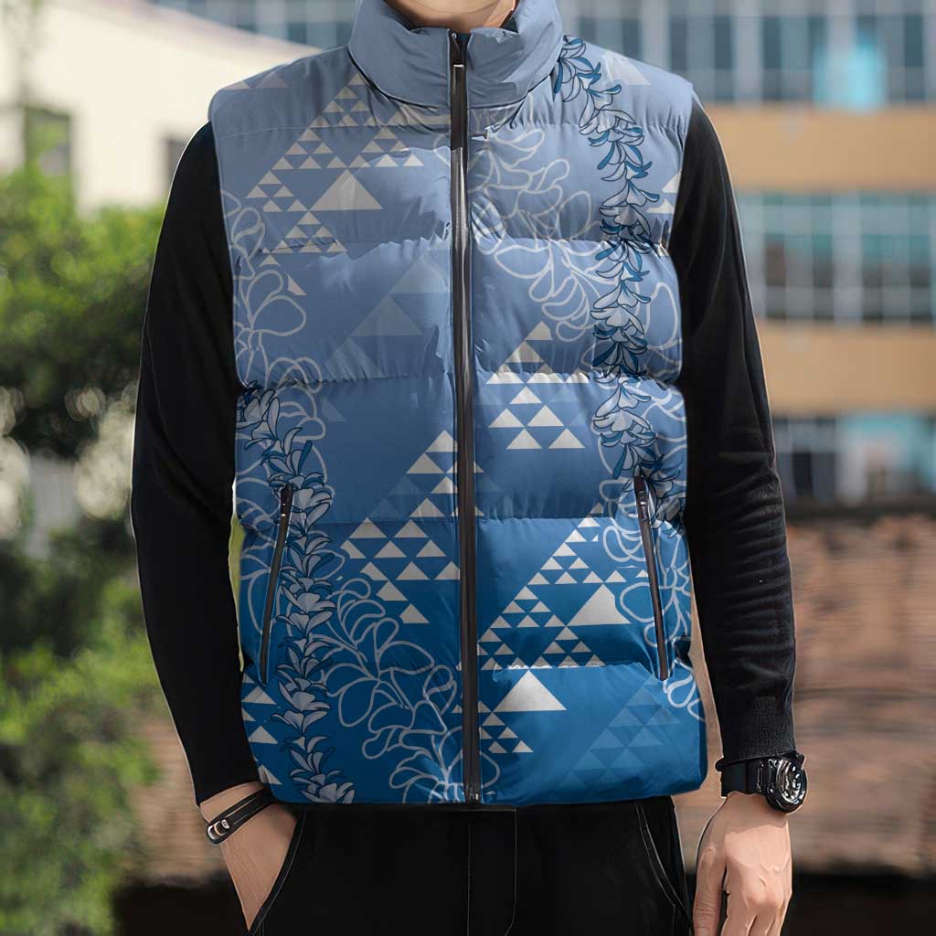 Hawaii Royal Blue Kapa Sleeveless Puffer Jacket Vintage 'Ohe Kāpala Motifs Mix Plumeria Leis