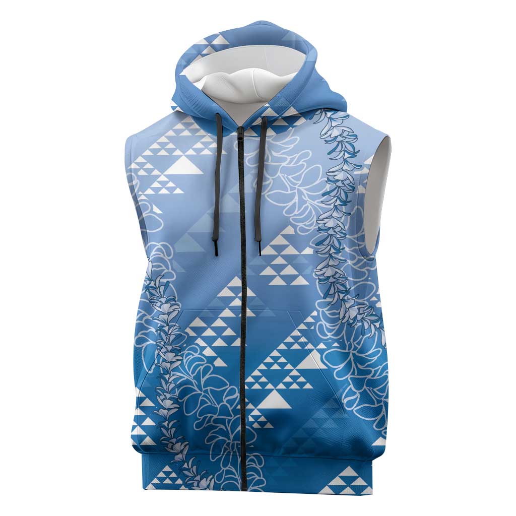 Hawaii Royal Blue Kapa Sleeveless Zip Hoodie Vintage 'Ohe Kāpala Motifs Mix Plumeria Leis