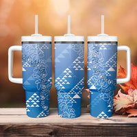 Hawaii Royal Blue Kapa Tumbler With Handle Vintage 'Ohe Kāpala Motifs Mix Plumeria Leis