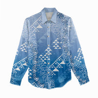 Hawaii Royal Blue Kapa Women Casual Shirt Vintage 'Ohe Kāpala Motifs Mix Plumeria Leis LT7 - Polynesian Pride