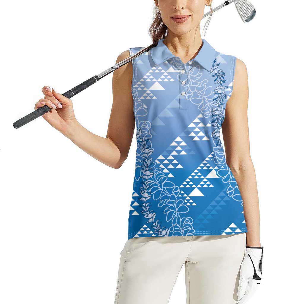 Hawaii Royal Blue Kapa Women Sleeveless Polo Shirt Vintage 'Ohe Kāpala Motifs Mix Plumeria Leis LT7 - Polynesian Pride