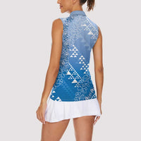 Hawaii Royal Blue Kapa Women Sleeveless Polo Shirt Vintage 'Ohe Kāpala Motifs Mix Plumeria Leis LT7 - Polynesian Pride