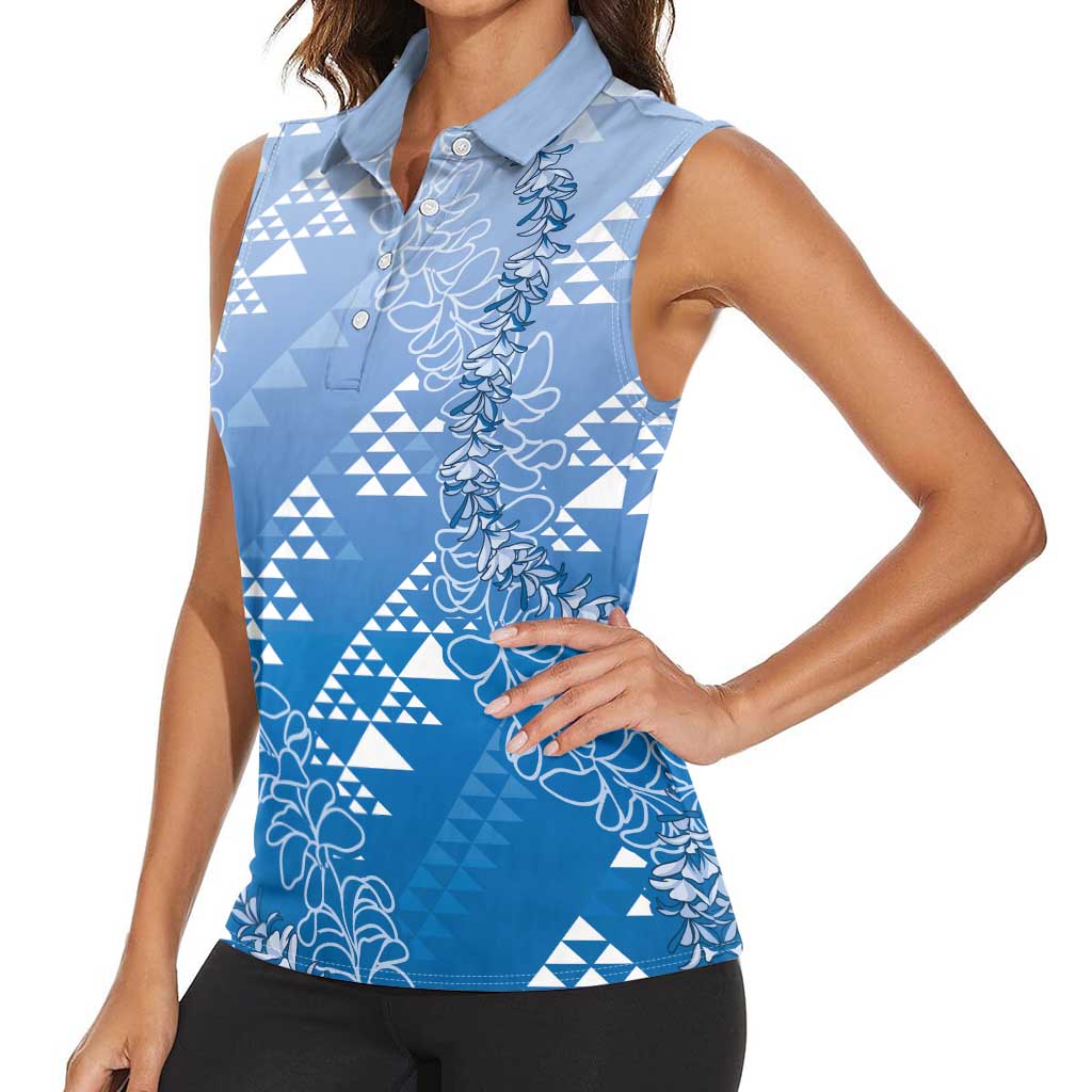 Hawaii Royal Blue Kapa Women Sleeveless Polo Shirt Vintage 'Ohe Kāpala Motifs Mix Plumeria Leis LT7 - Polynesian Pride