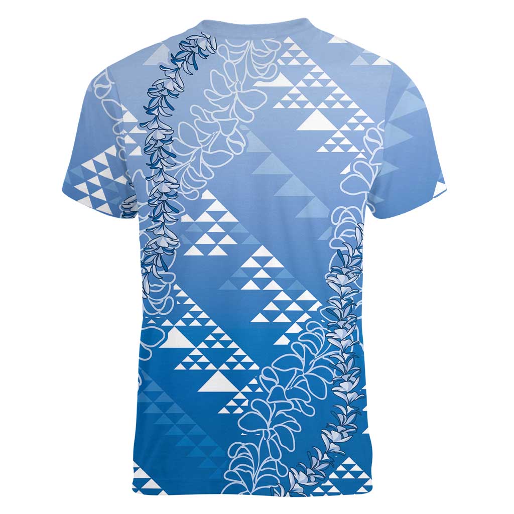 Hawaii Royal Blue Kapa Women V-Neck T-Shirt Vintage 'Ohe Kāpala Motifs Mix Plumeria Leis LT7 - Polynesian Pride