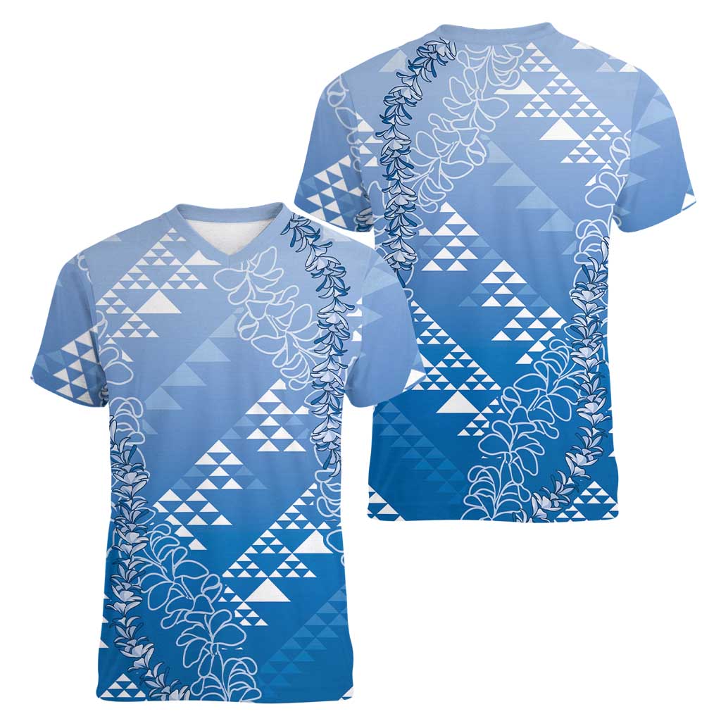Hawaii Royal Blue Kapa Women V-Neck T-Shirt Vintage 'Ohe Kāpala Motifs Mix Plumeria Leis LT7 - Polynesian Pride