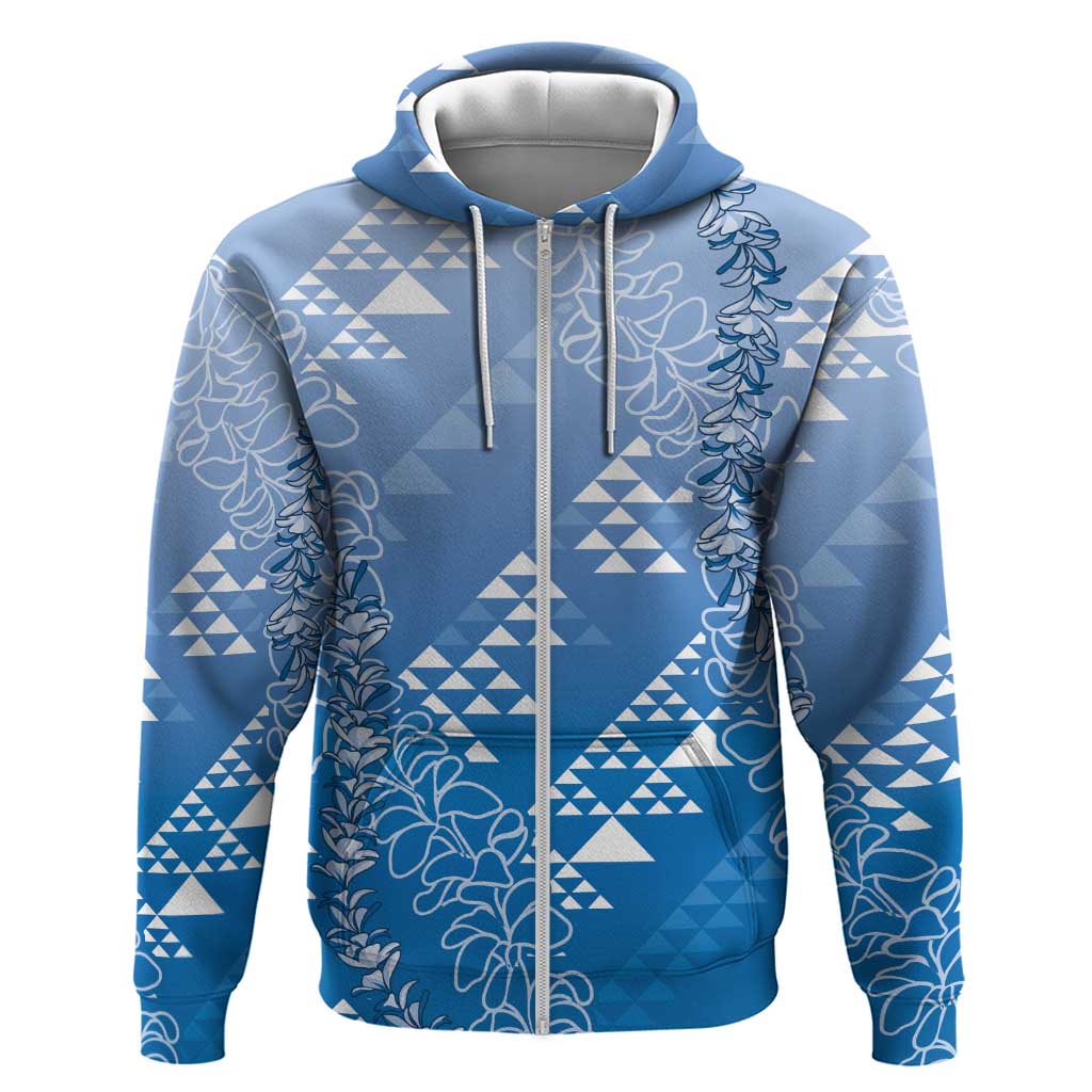 Hawaii Royal Blue Kapa Zip Hoodie Vintage 'Ohe Kāpala Motifs Mix Plumeria Leis