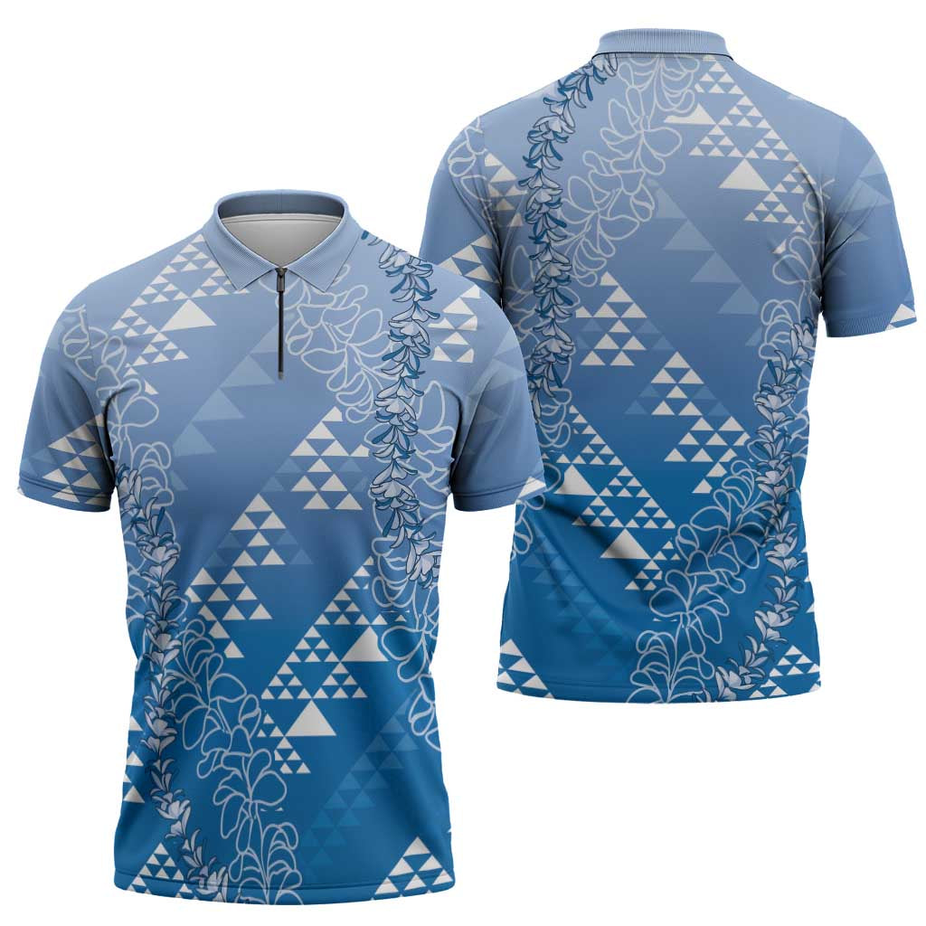 Hawaii Royal Blue Kapa Zipper Polo Shirt Vintage 'Ohe Kāpala Motifs Mix Plumeria Leis