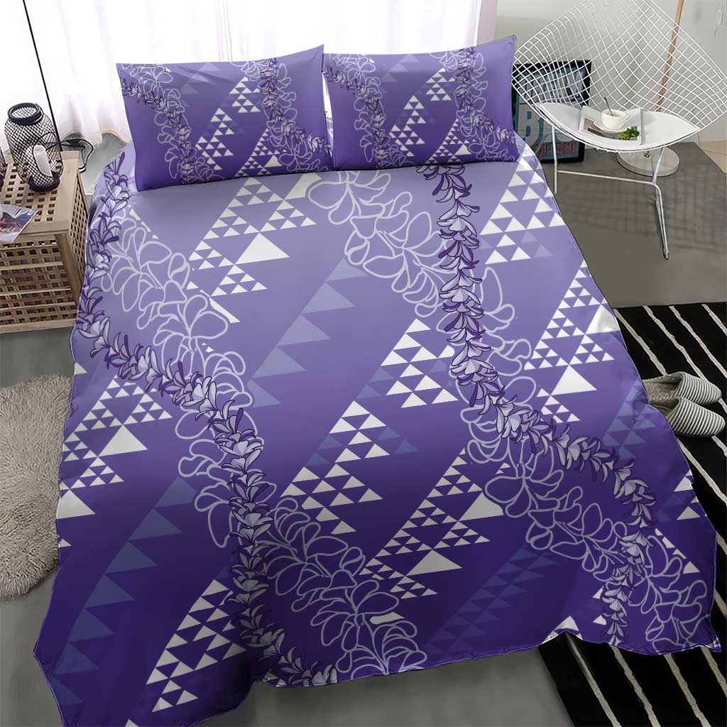 Hawaii Lavender Kapa Bedding Set Vintage 'Ohe Kāpala Motifs Mix Plumeria Leis