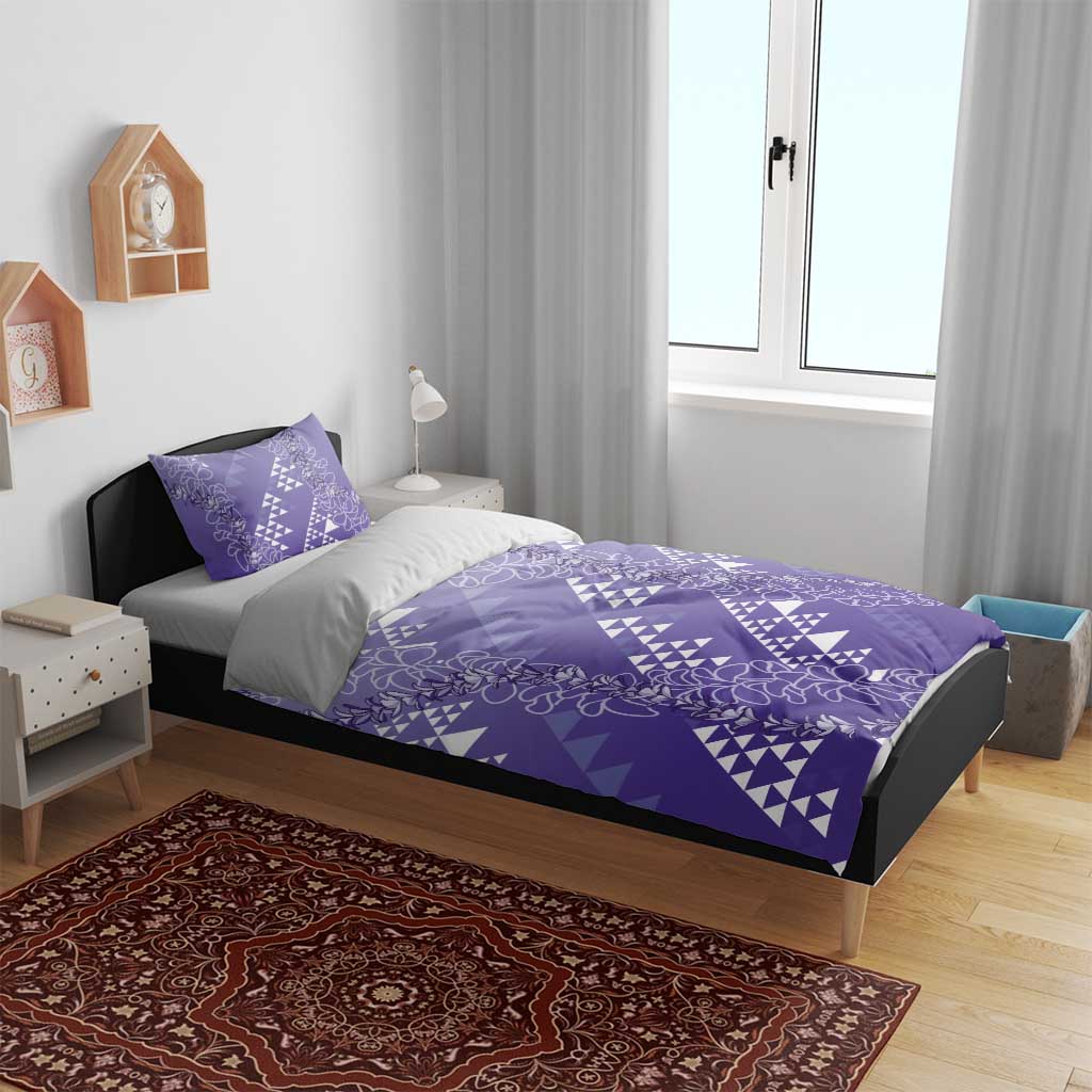 Hawaii Lavender Kapa Bedding Set Vintage 'Ohe Kāpala Motifs Mix Plumeria Leis