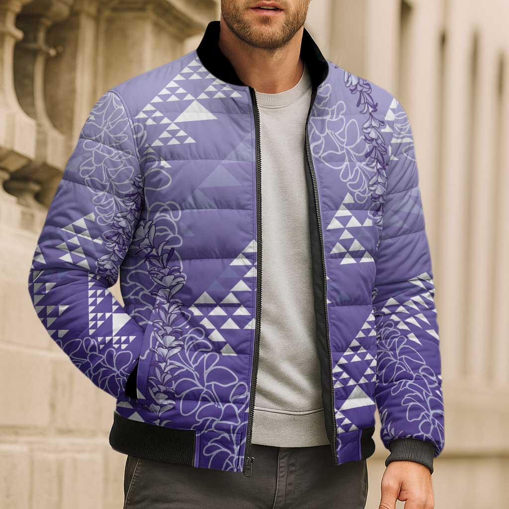 Hawaii Lavender Kapa Bomber Puffer Jacket Vintage 'Ohe Kāpala Motifs Mix Plumeria Leis