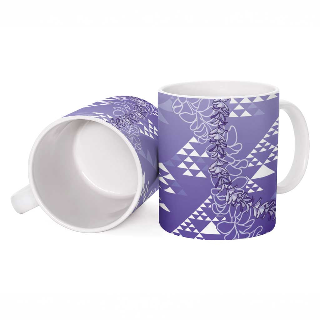 Hawaii Lavender Kapa Ceramic Mug Vintage 'Ohe Kāpala Motifs Mix Plumeria Leis