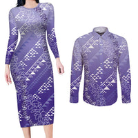 Hawaii Lavender Kapa Couples Matching Long Sleeve Bodycon Dress and Long Sleeve Button Shirt Vintage 'Ohe Kāpala Motifs Mix Plumeria Leis LT7 Lavender - Polynesian Pride