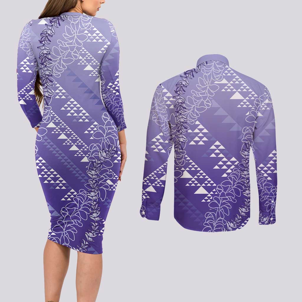 Hawaii Lavender Kapa Couples Matching Long Sleeve Bodycon Dress and Long Sleeve Button Shirt Vintage 'Ohe Kāpala Motifs Mix Plumeria Leis LT7 - Polynesian Pride