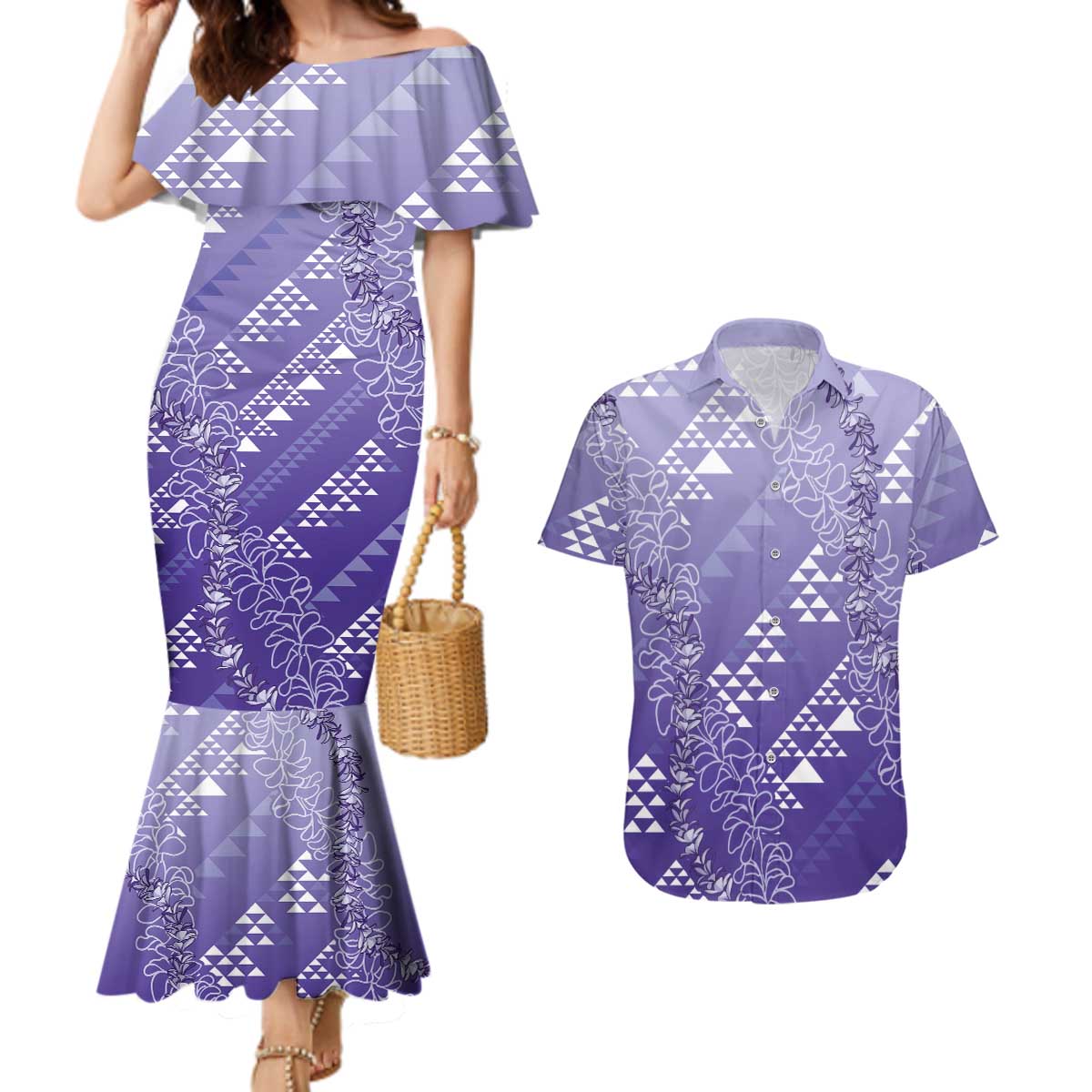 Hawaii Lavender Kapa Couples Matching Mermaid Dress and Hawaiian Shirt Vintage 'Ohe Kāpala Motifs Mix Plumeria Leis