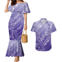 Hawaii Lavender Kapa Couples Matching Mermaid Dress and Hawaiian Shirt Vintage 'Ohe Kāpala Motifs Mix Plumeria Leis LT7 Lavender - Polynesian Pride