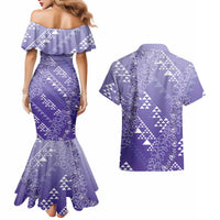 Hawaii Lavender Kapa Couples Matching Mermaid Dress and Hawaiian Shirt Vintage 'Ohe Kāpala Motifs Mix Plumeria Leis LT7 - Polynesian Pride