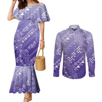Hawaii Lavender Kapa Couples Matching Mermaid Dress and Long Sleeve Button Shirt Vintage 'Ohe Kāpala Motifs Mix Plumeria Leis LT7 Lavender - Polynesian Pride